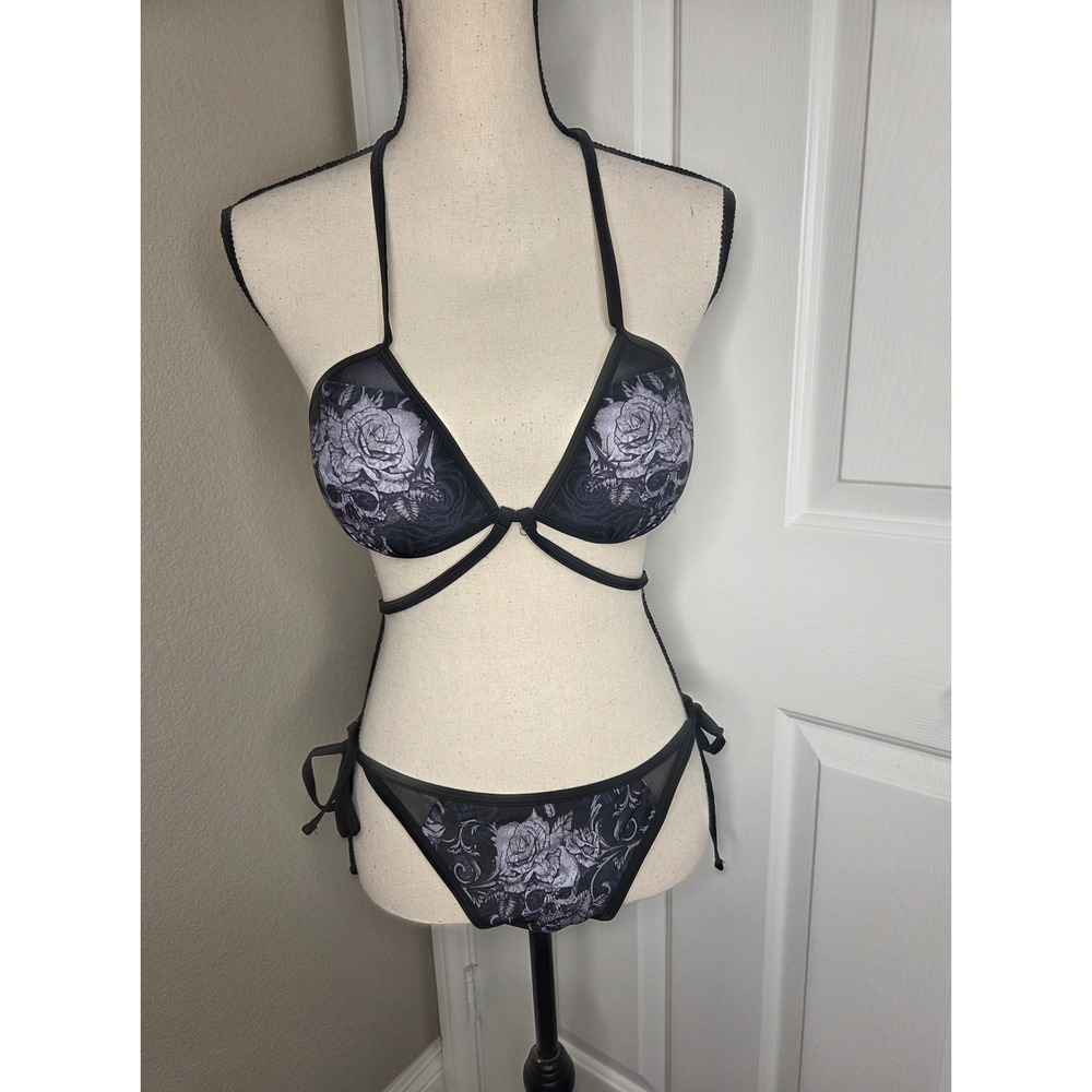 Black Skull Rose Floral Print Triangle Bikini Set Gothic Halter Side Tie Swim Lg